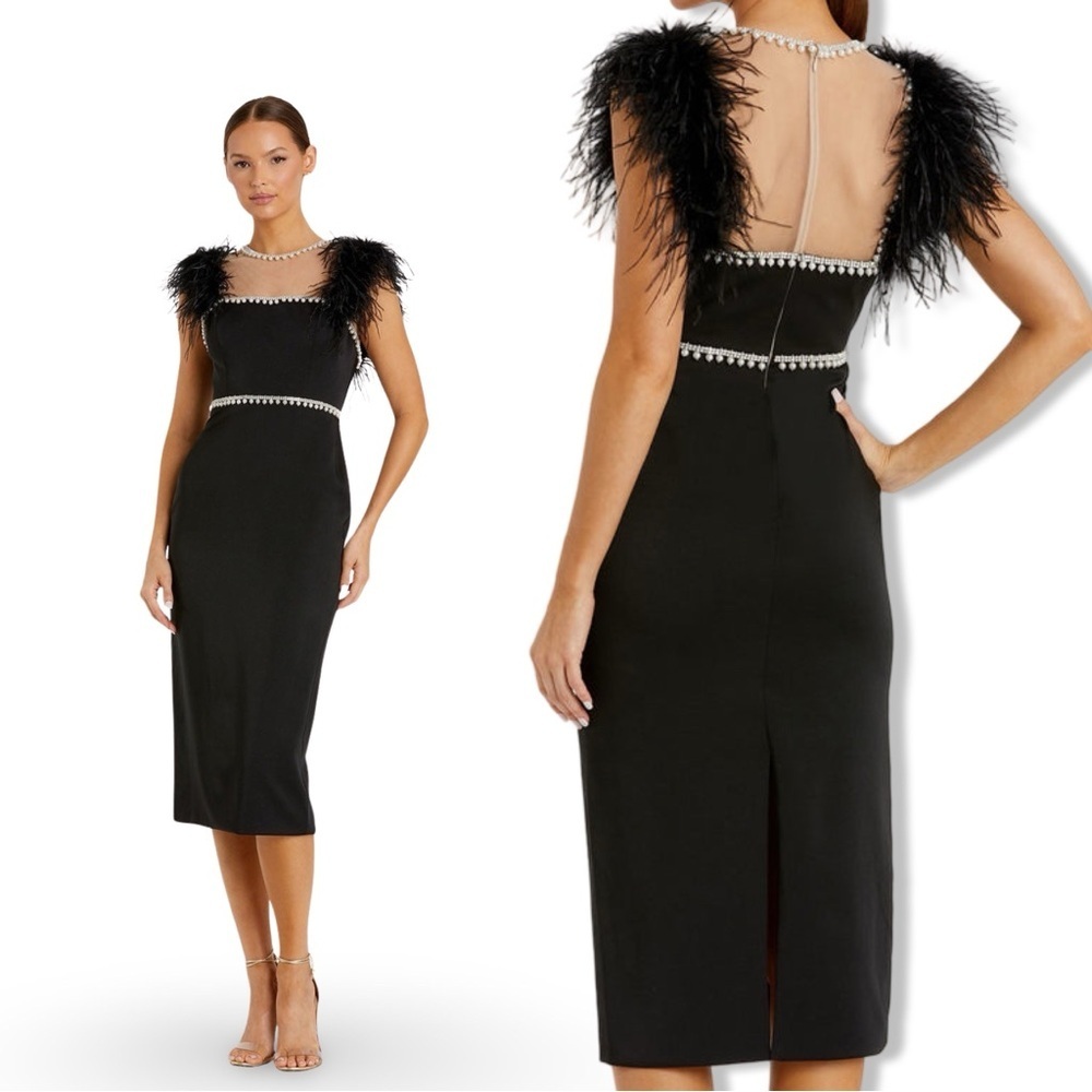 Mac Duggal Black Feather Cap Sleeve Pearl Embellished Midi Formal Dress | 2 - Picture 12 of 13